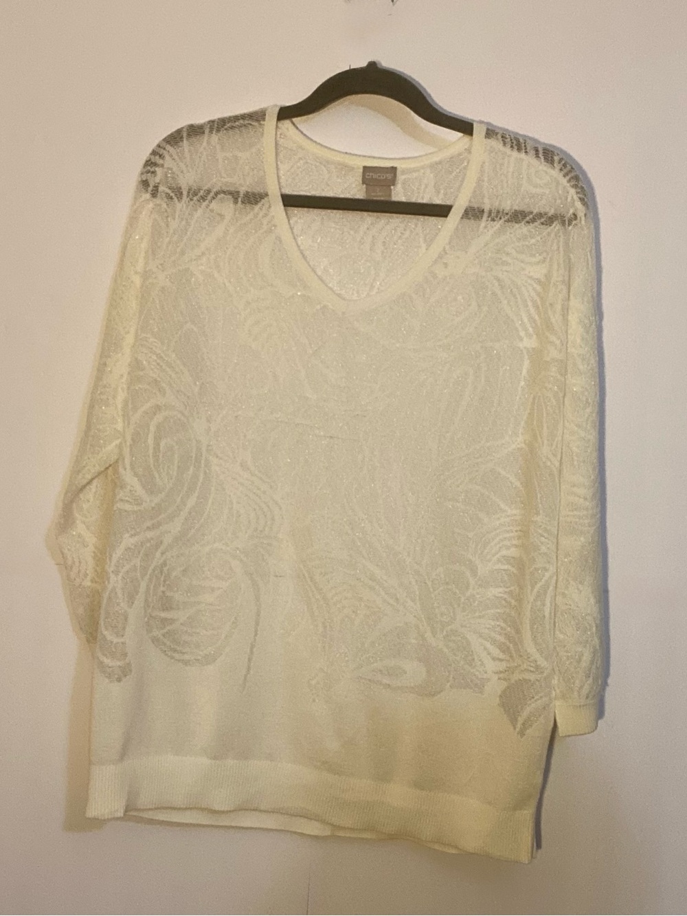 Chico's Ivory Sheer V-Neck Sweater with Floral Texture Size 12